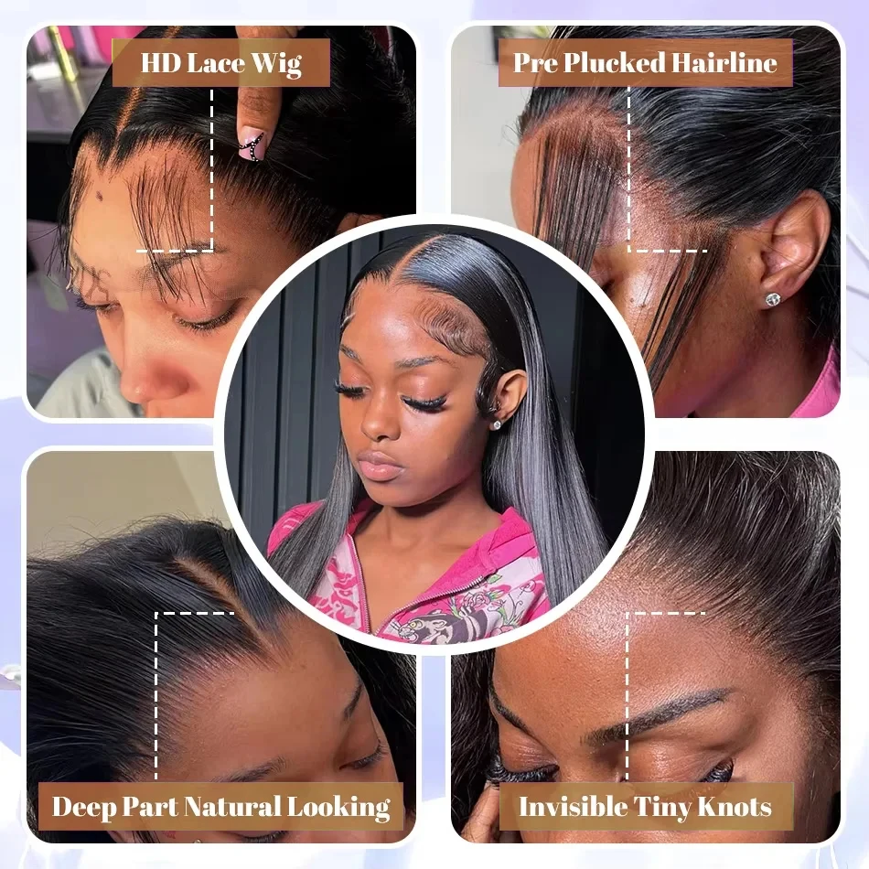 13x4 Brazilian Human Hair Wear and Go 200 Density Straight 13x6 Hd Lace Frontal Wigs Natural Black Pre Plucked with Baby Hair thumbnail 4