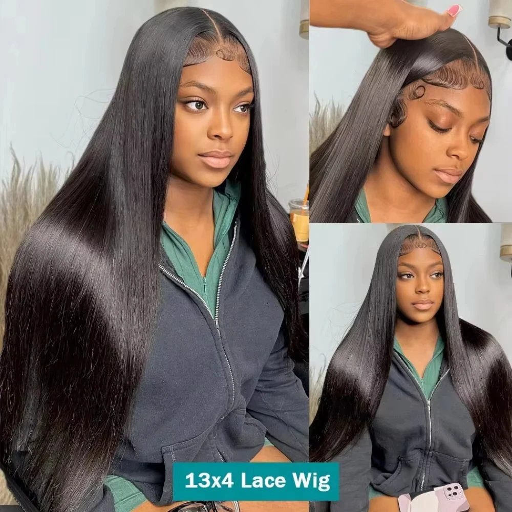 13x4 Brazilian Human Hair Wear and Go 200 Density Straight 13x6 Hd Lace Frontal Wigs Natural Black Pre Plucked with Baby Hair thumbnail 3