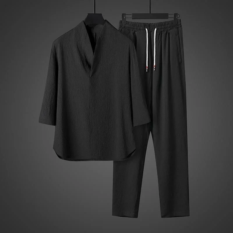 Spring Summer Thin Men Set Two Pieces Ice Silk V Neck Button Half Sleeve Tops Breathble Solid Color Pants Fashion Set