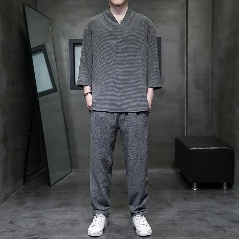 Spring Summer Thin Men Set Two Pieces Ice Silk V Neck Button Half Sleeve Tops Breathble Solid Color Pants Fashion Set thumbnail 3