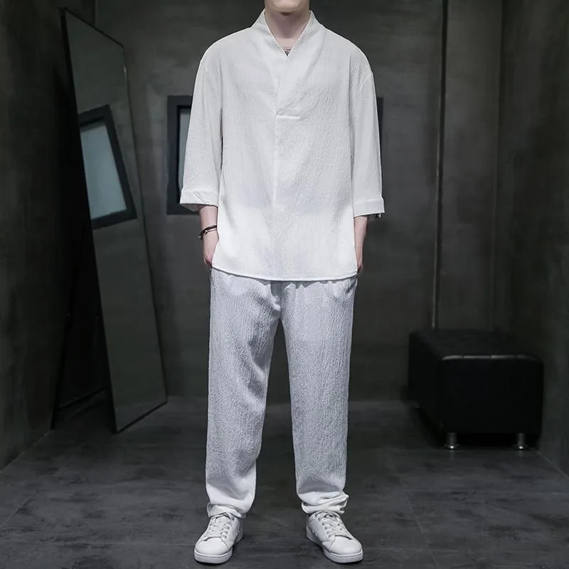 Spring Summer Thin Men Set Two Pieces Ice Silk V Neck Button Half Sleeve Tops Breathble Solid Color Pants Fashion Set thumbnail 4