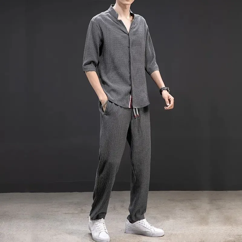 Spring Summer Thin Men Set Two Pieces Ice Silk V Neck Button Half Sleeve Tops Breathble Solid Color Pants Fashion Set thumbnail 5