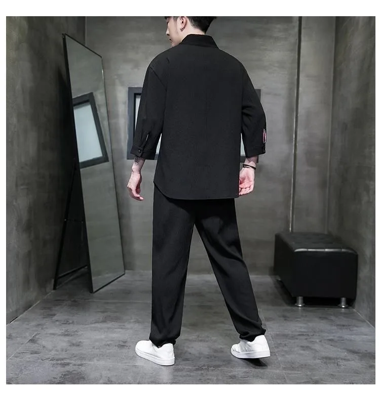 Spring Summer Thin Men Set Two Pieces Ice Silk V Neck Button Half Sleeve Tops Breathble Solid Color Pants Fashion Set thumbnail 6