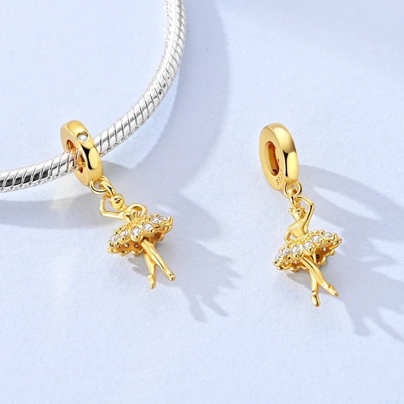 Original Charms 925 Sterling Silver Golden Lucky Star Ballet Shoe Heart Bead Pendant Charms Fit Bracelet Necklace Womens Jewelry thumbnail 3