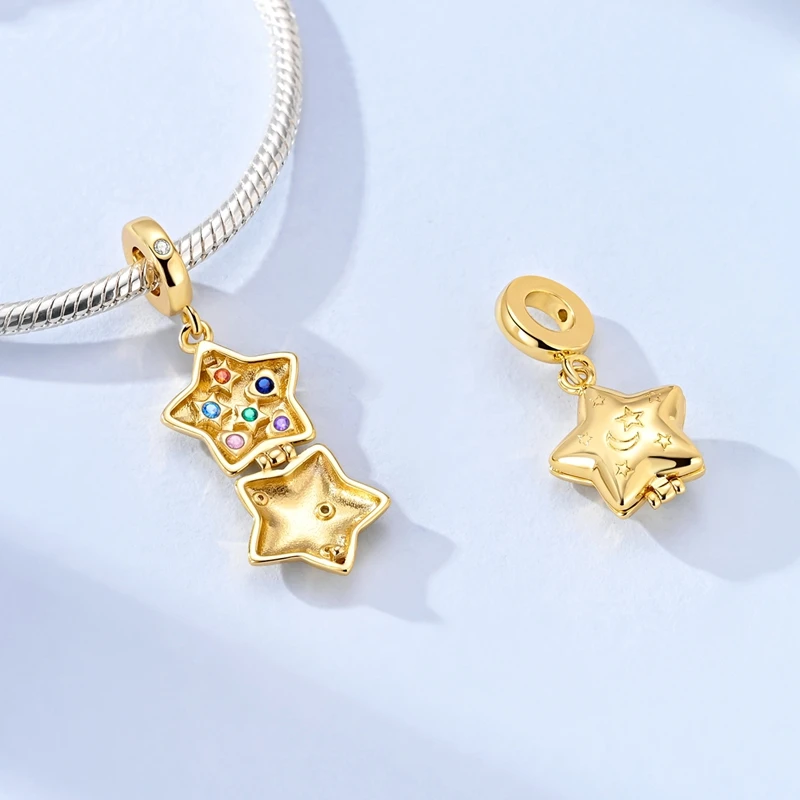 Original Charms 925 Sterling Silver Golden Lucky Star Ballet Shoe Heart Bead Pendant Charms Fit Bracelet Necklace Womens Jewelry thumbnail 5