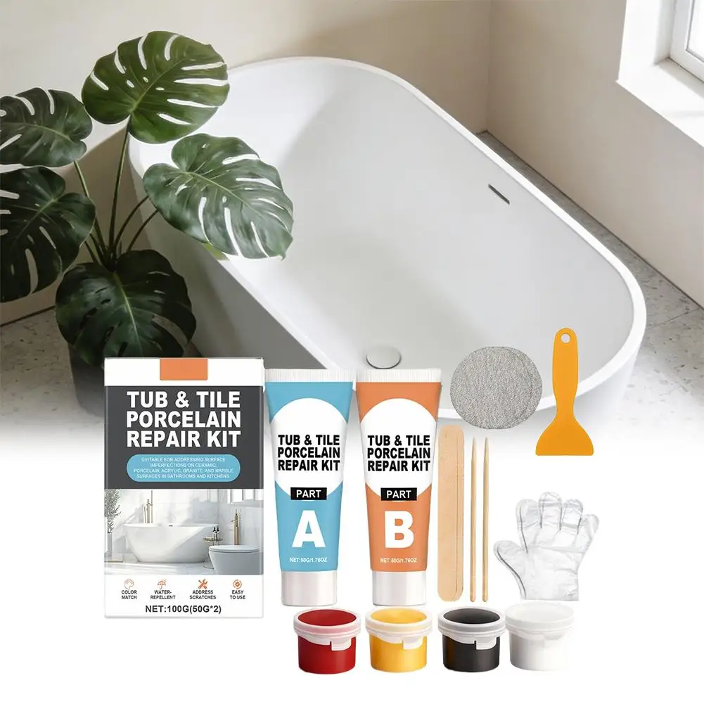 Tub And Tile Porcelain Repair Kit 100g AB Adhesive Paste For Bathtub Crack Chip Shower Sink Marble Repair With Coloring Pigments thumbnail 2