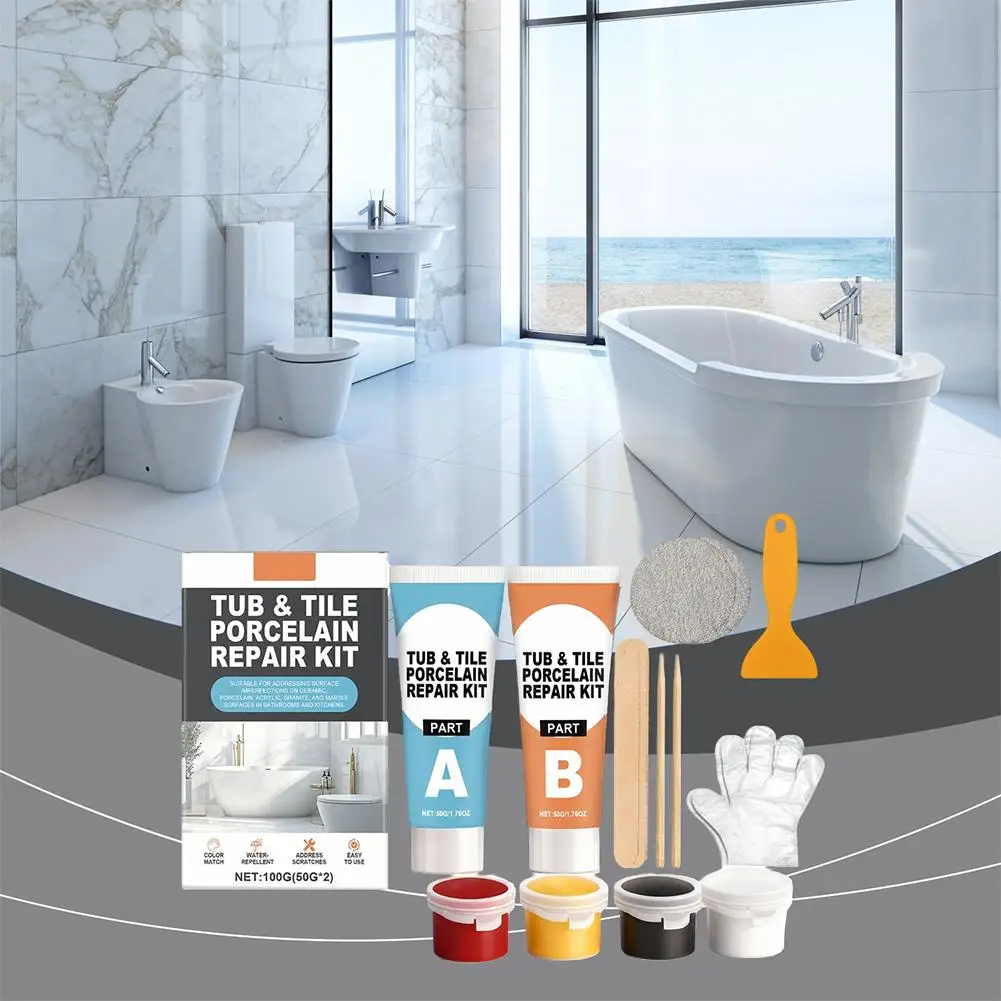 Tub And Tile Porcelain Repair Kit 100g AB Adhesive Paste For Bathtub Crack Chip Shower Sink Marble Repair With Coloring Pigments thumbnail 4