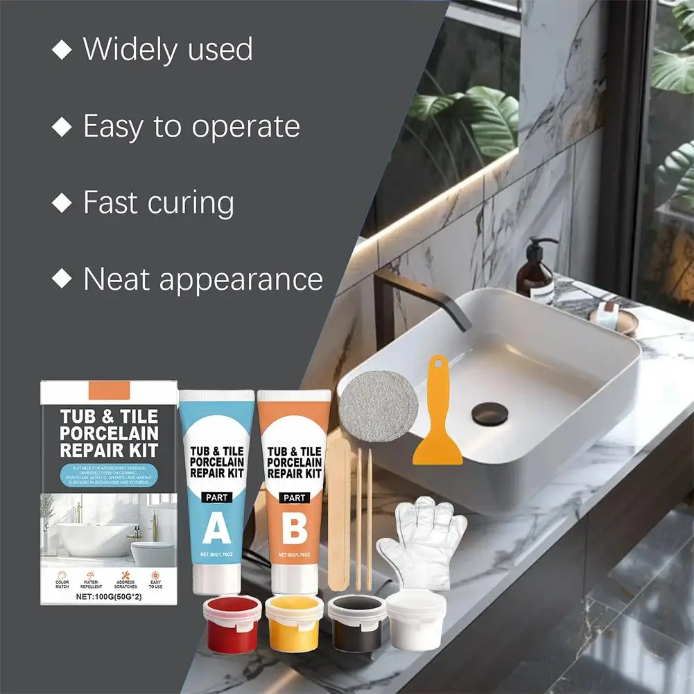 Tub And Tile Porcelain Repair Kit 100g AB Adhesive Paste For Bathtub Crack Chip Shower Sink Marble Repair With Coloring Pigments thumbnail 6