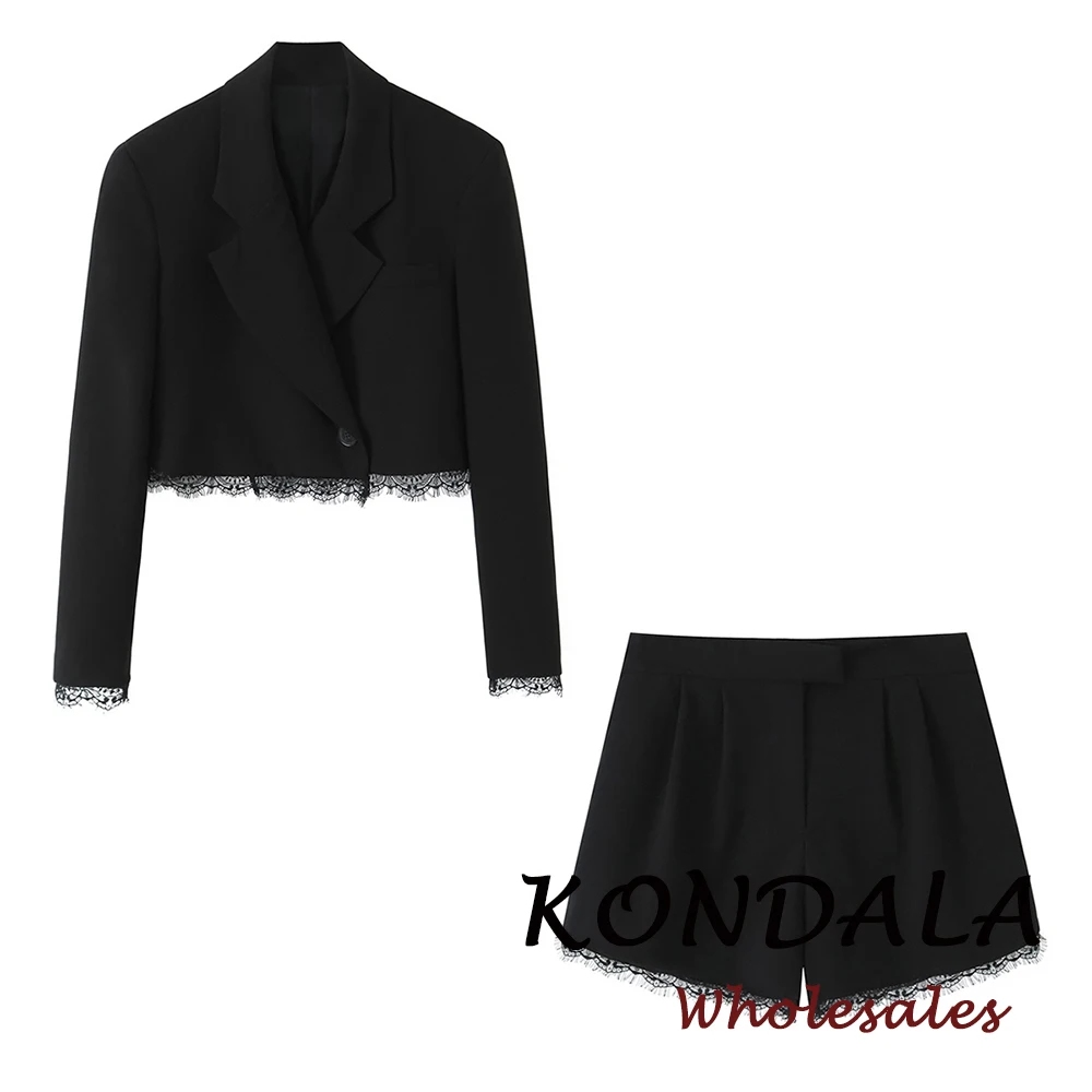 KONDALA Fashion 2026 Spring Office Lady Women Lace Suits Single Button Straight Blazer+Cool Mini Shorts Solid Black Female Suit
