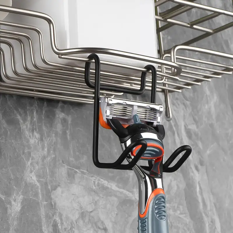 2Pcs No-Drill Stainless Steel Razor Holder Hooks Bathroom Shelf Accessory Hooks For Corner Shelves Shaving Tool Organizer thumbnail 3