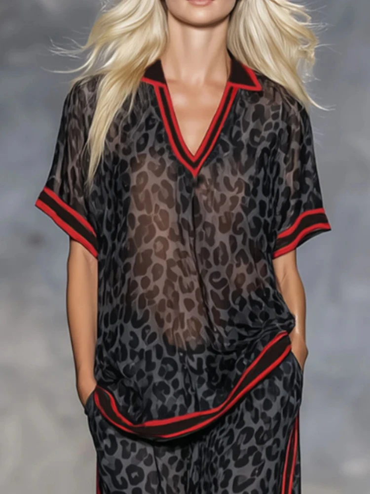 Summer Casual Outfits Female Leopard Print Stripe Contrast Color Two Piece Set for Women Short Sleeve Top & Wide Leg Pants thumbnail 3