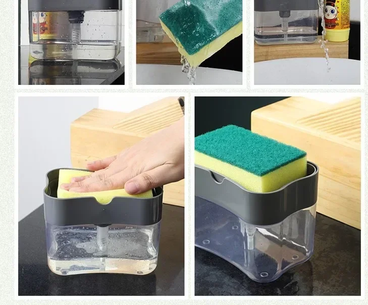 Soap Dispenser with Sponge Holder Cleaning Liquid Pump Dispenser Container Manual Press Home Bathroom Kitchen Clean Accessories thumbnail 5