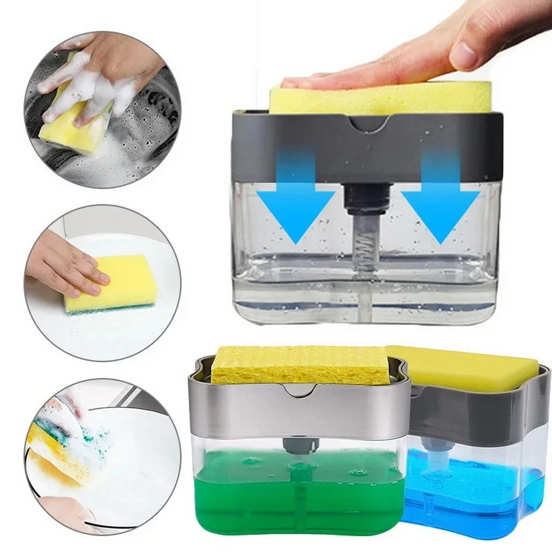 Soap Dispenser with Sponge Holder Cleaning Liquid Pump Dispenser Container Manual Press Home Bathroom Kitchen Clean Accessories