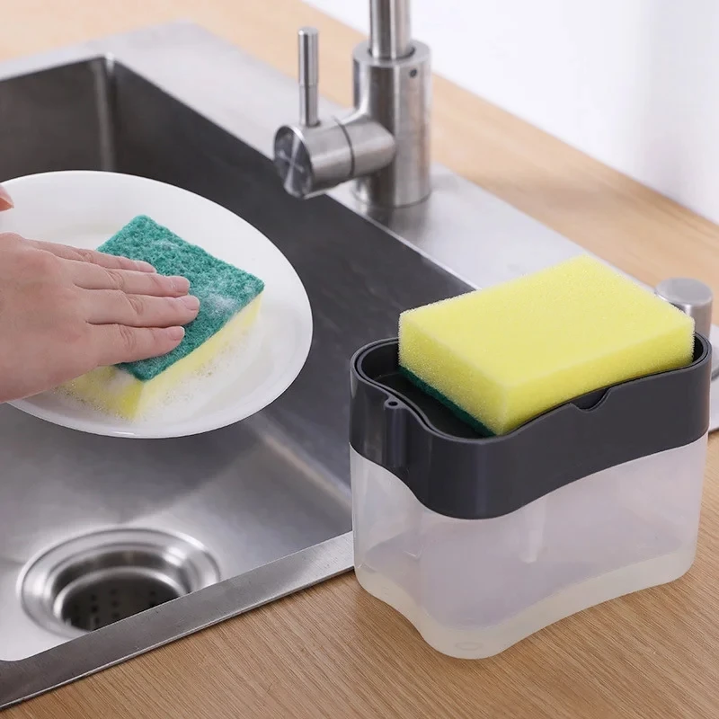 Soap Dispenser with Sponge Holder Cleaning Liquid Pump Dispenser Container Manual Press Home Bathroom Kitchen Clean Accessories thumbnail 2