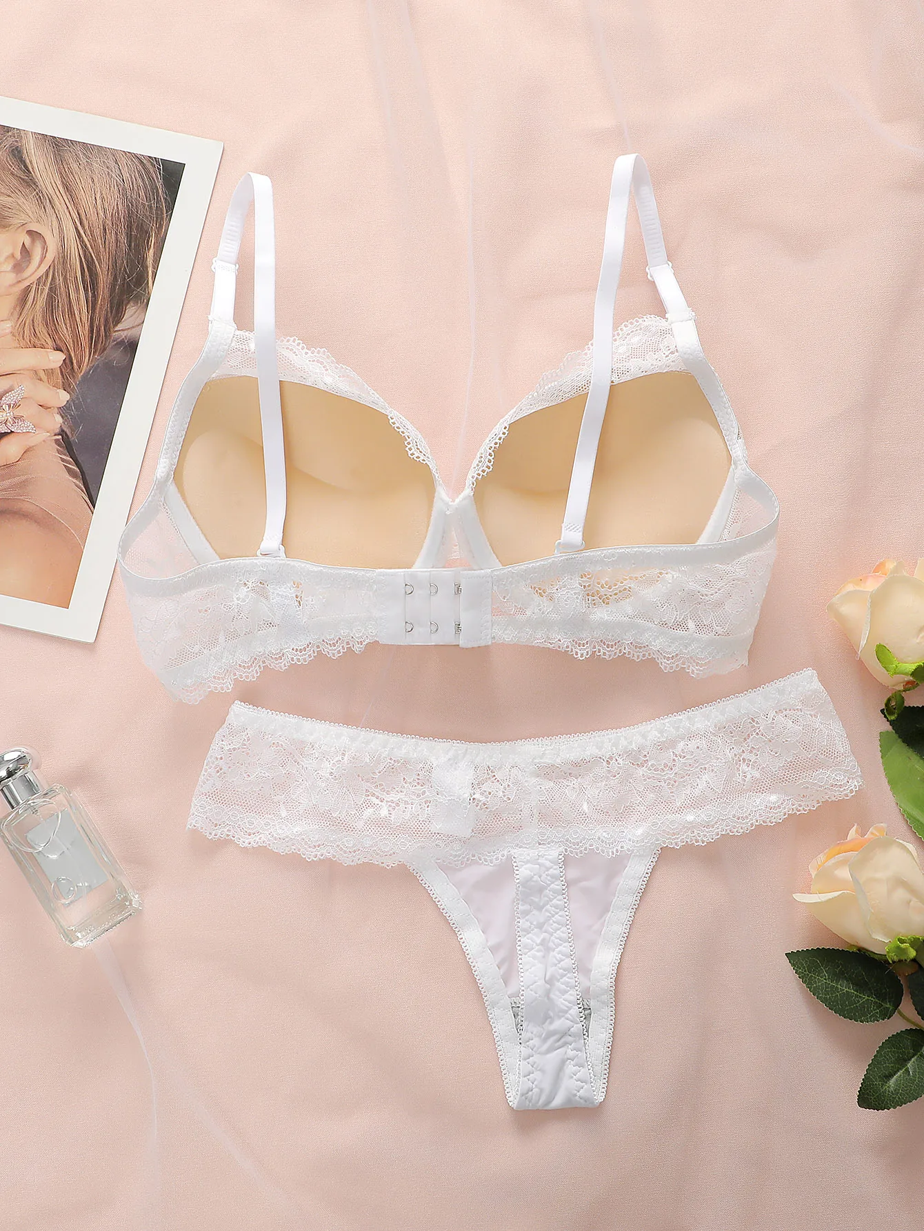 Hot selling women's sexy embroidered lace bra set with steel ring gathering push up and seamless thong set B6064 thumbnail 2
