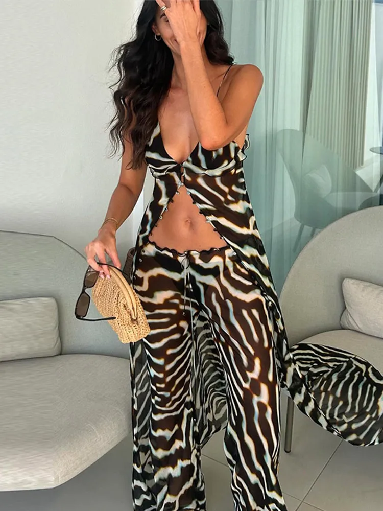 2026 Women Chic Vacation Outfits Fashion Zebra Print Sheer Chiffon Pants Set Casual V-neck Maxi Slip Tank Top & Wide-leg Pants thumbnail 3
