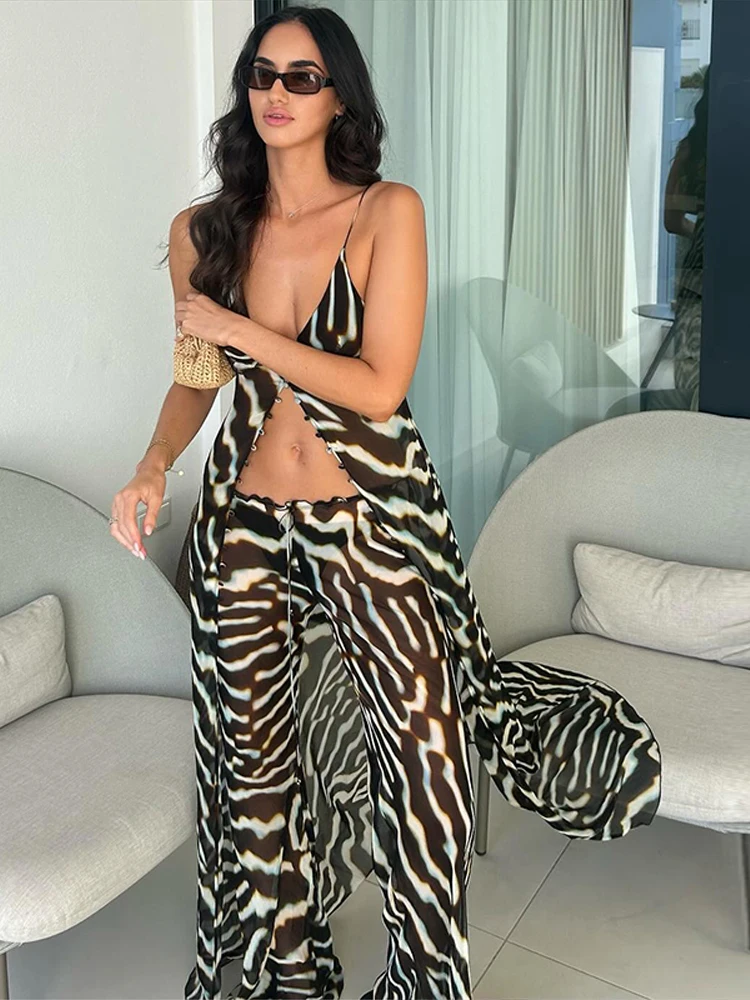 2026 Women Chic Vacation Outfits Fashion Zebra Print Sheer Chiffon Pants Set Casual V-neck Maxi Slip Tank Top & Wide-leg Pants thumbnail 2