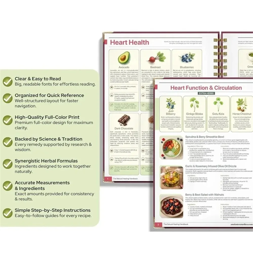 Natural Healing Handbook Spiral Bound Guide With Herbal Remedies And Recipes For Heart Health Blood Sugar Focus Boost 25x17.6cm thumbnail 5