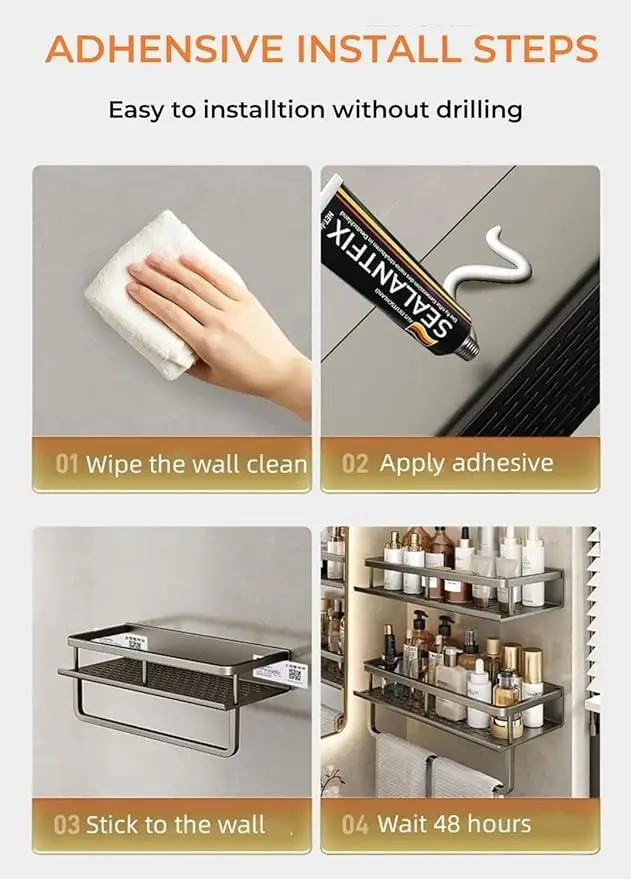 15.75inch Self  Adhesive Bathroom Shelves No-Drilling Aluminum Alloy Shower Storage for Bathroom Shower Caddy Shelf Organizer thumbnail 5