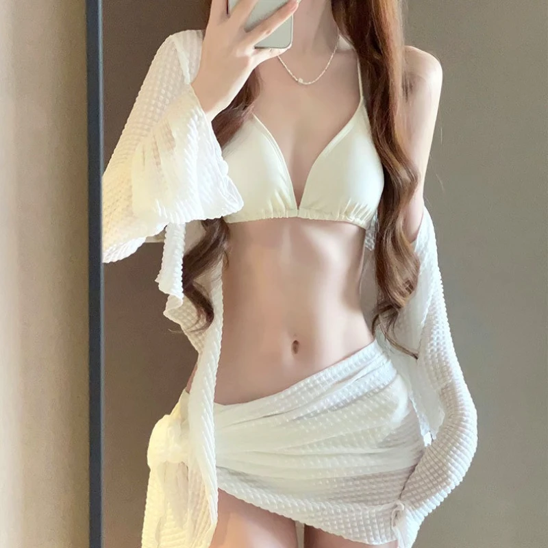 Long Sleeve Knitted Swimwear 4 Piece Set Feminine Push Up Chest Bikini Set Gathering Beach Vacation Bathing Suit for Women thumbnail 4