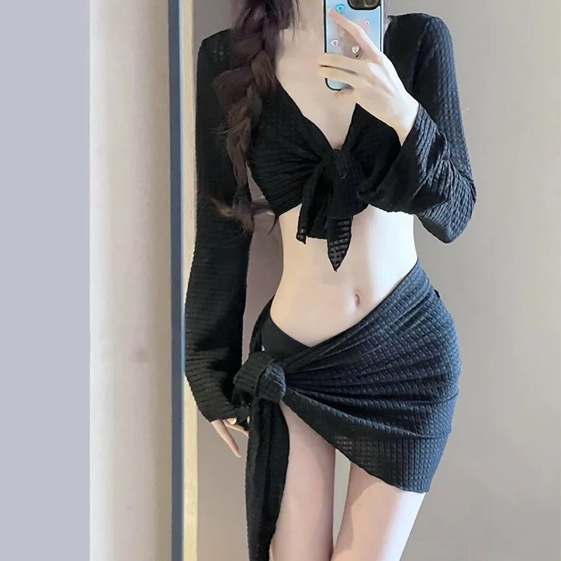 Long Sleeve Knitted Swimwear 4 Piece Set Feminine Push Up Chest Bikini Set Gathering Beach Vacation Bathing Suit for Women thumbnail 6