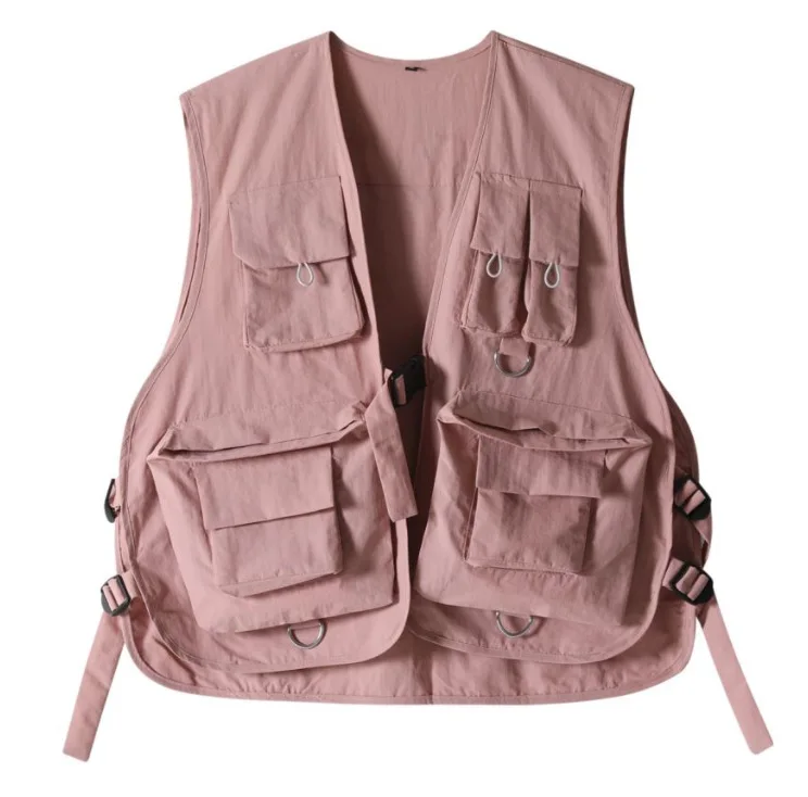 Pink Tactical Vest For Women Multi Pocket Workwear Top Fashion Casual Loose Fit Autumn Outdoor Streetwear Waistcoat