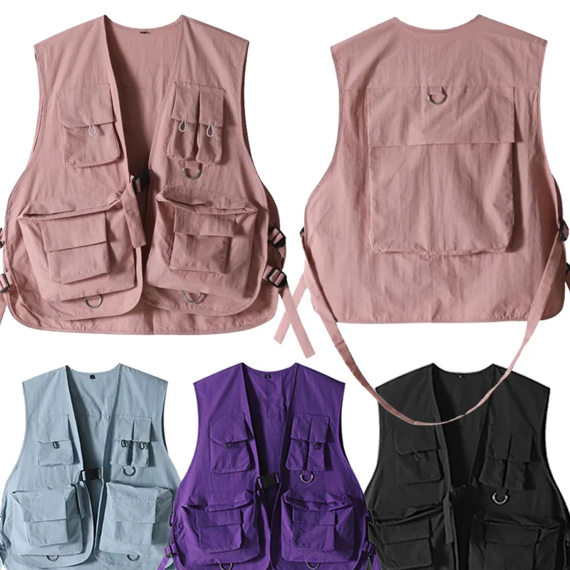Pink Tactical Vest For Women Multi Pocket Workwear Top Fashion Casual Loose Fit Autumn Outdoor Streetwear Waistcoat thumbnail 3