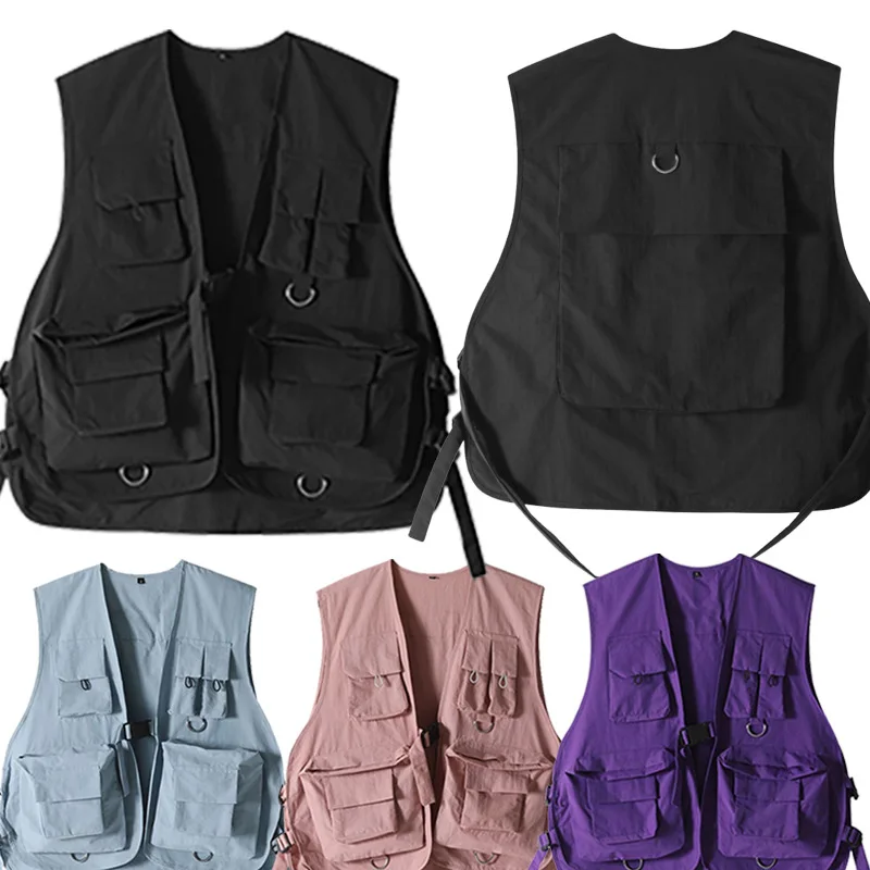 Pink Tactical Vest For Women Multi Pocket Workwear Top Fashion Casual Loose Fit Autumn Outdoor Streetwear Waistcoat thumbnail 2