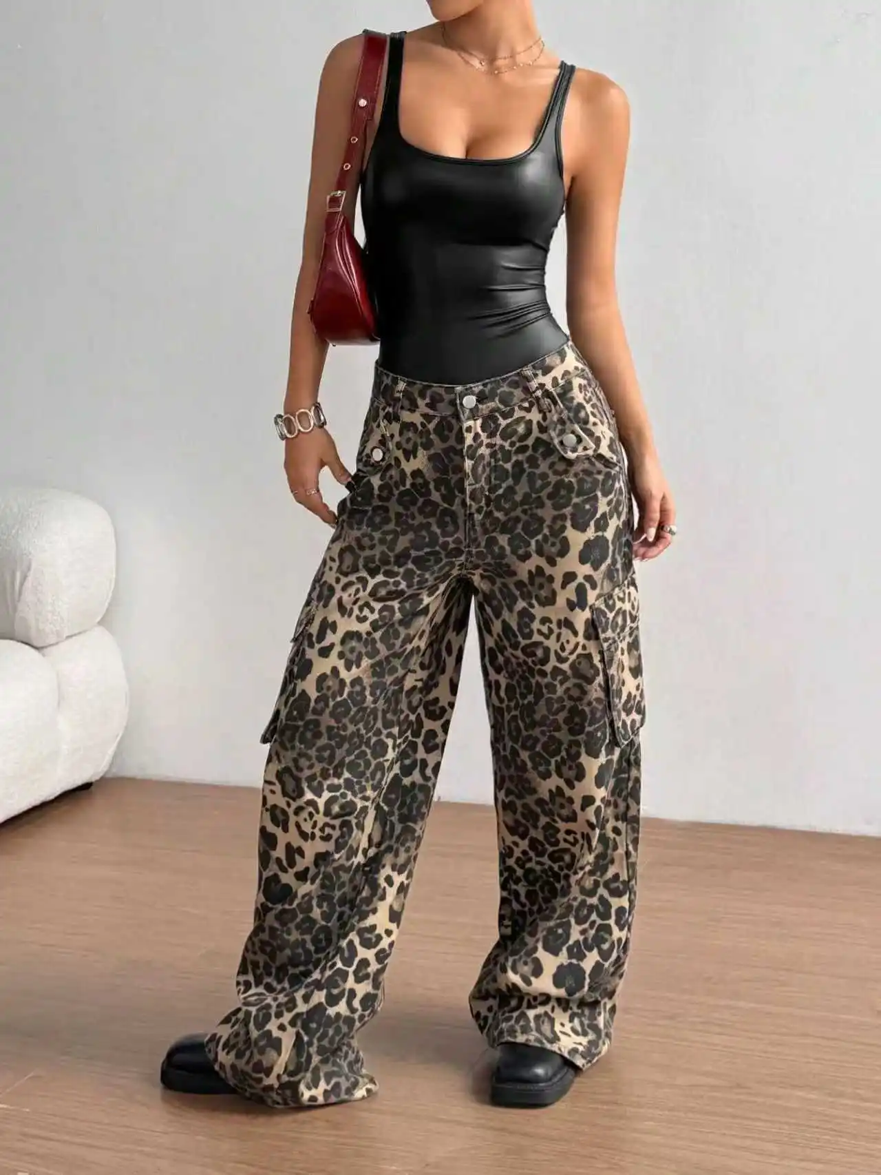 Edgy Black Faux Leather Bodysuit | Sexy Square Neck Tank Top for Club & Streetwear thumbnail 3