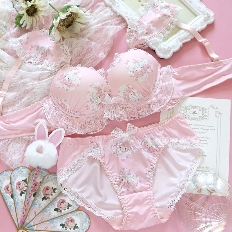 Cute Cinnamoroll Underwear Girls Cute Heart Sweet Lace Little Breast Gathered Thickened Bandless Bra Set Girl Like Surprise Gift thumbnail 5