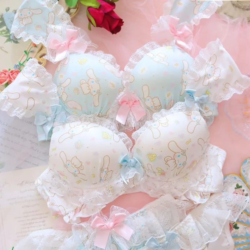 Cute Cinnamoroll Underwear Girls Cute Heart Sweet Lace Little Breast Gathered Thickened Bandless Bra Set Girl Like Surprise Gift