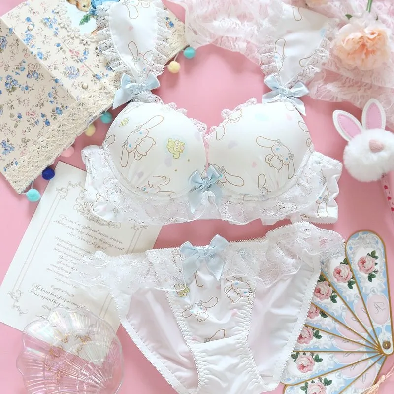 Cute Cinnamoroll Underwear Girls Cute Heart Sweet Lace Little Breast Gathered Thickened Bandless Bra Set Girl Like Surprise Gift thumbnail 2