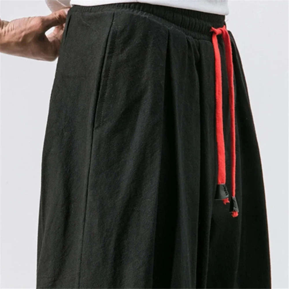 Men's Cotton Linen Wide Leg Pants Casual Loose Fit Solid Color Breathable Lightweight Elastic Waist Male Baggy Long Pants thumbnail 4