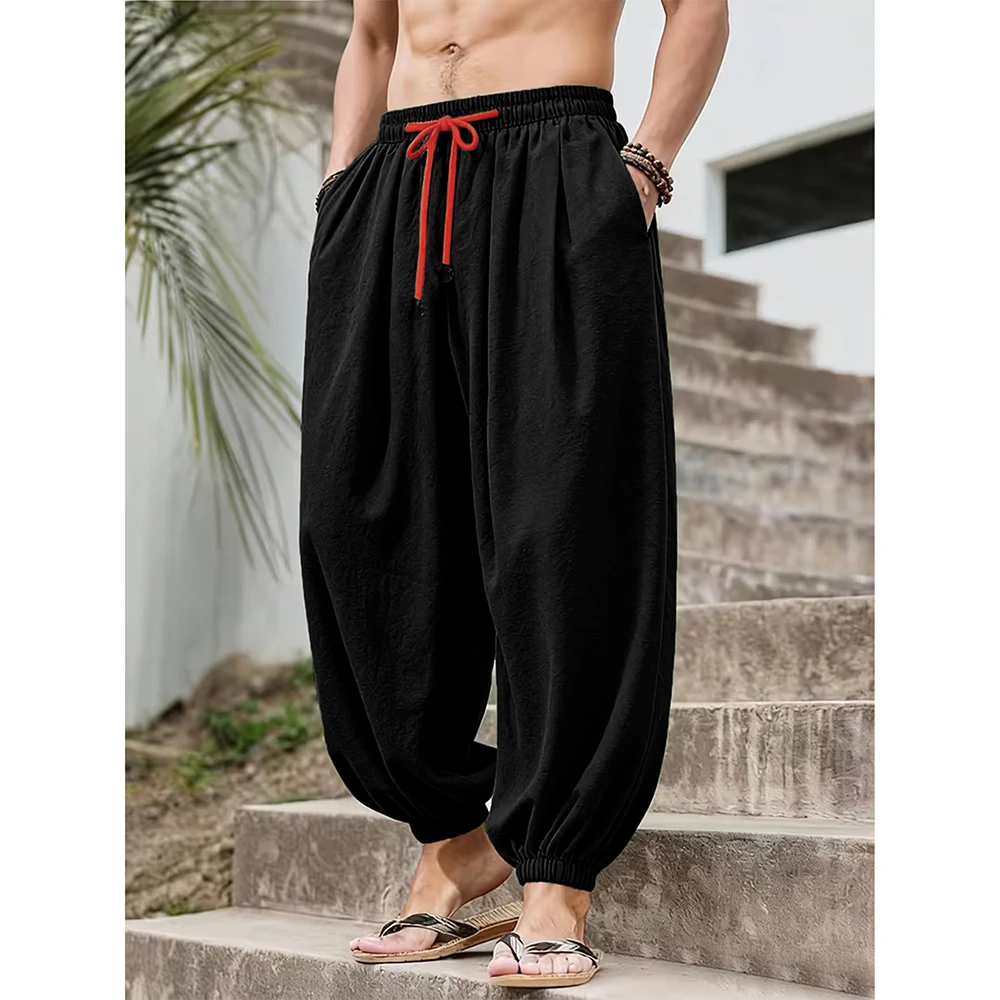 Men's Cotton Linen Wide Leg Pants Casual Loose Fit Solid Color Breathable Lightweight Elastic Waist Male Baggy Long Pants thumbnail 3