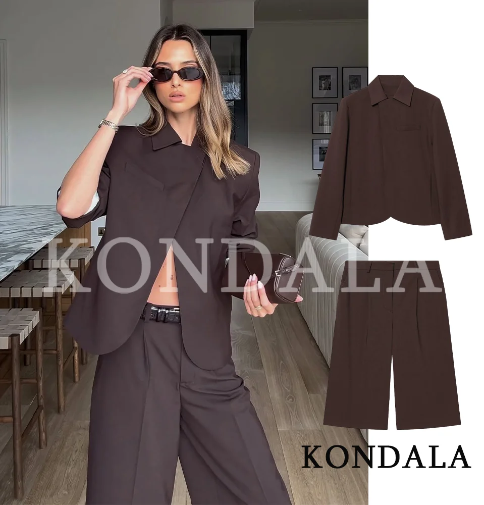 KONDALA Trendy Commute Blazer Shorts Set Women Elegant Brown Blazer,Cropped Pants 2026 Spring Summer Chic High Street Pants Set