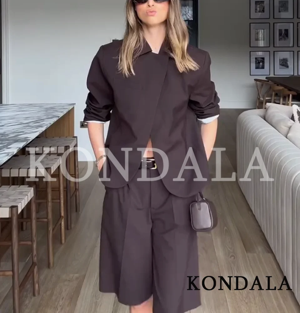 KONDALA Trendy Commute Blazer Shorts Set Women Elegant Brown Blazer,Cropped Pants 2026 Spring Summer Chic High Street Pants Set thumbnail 2