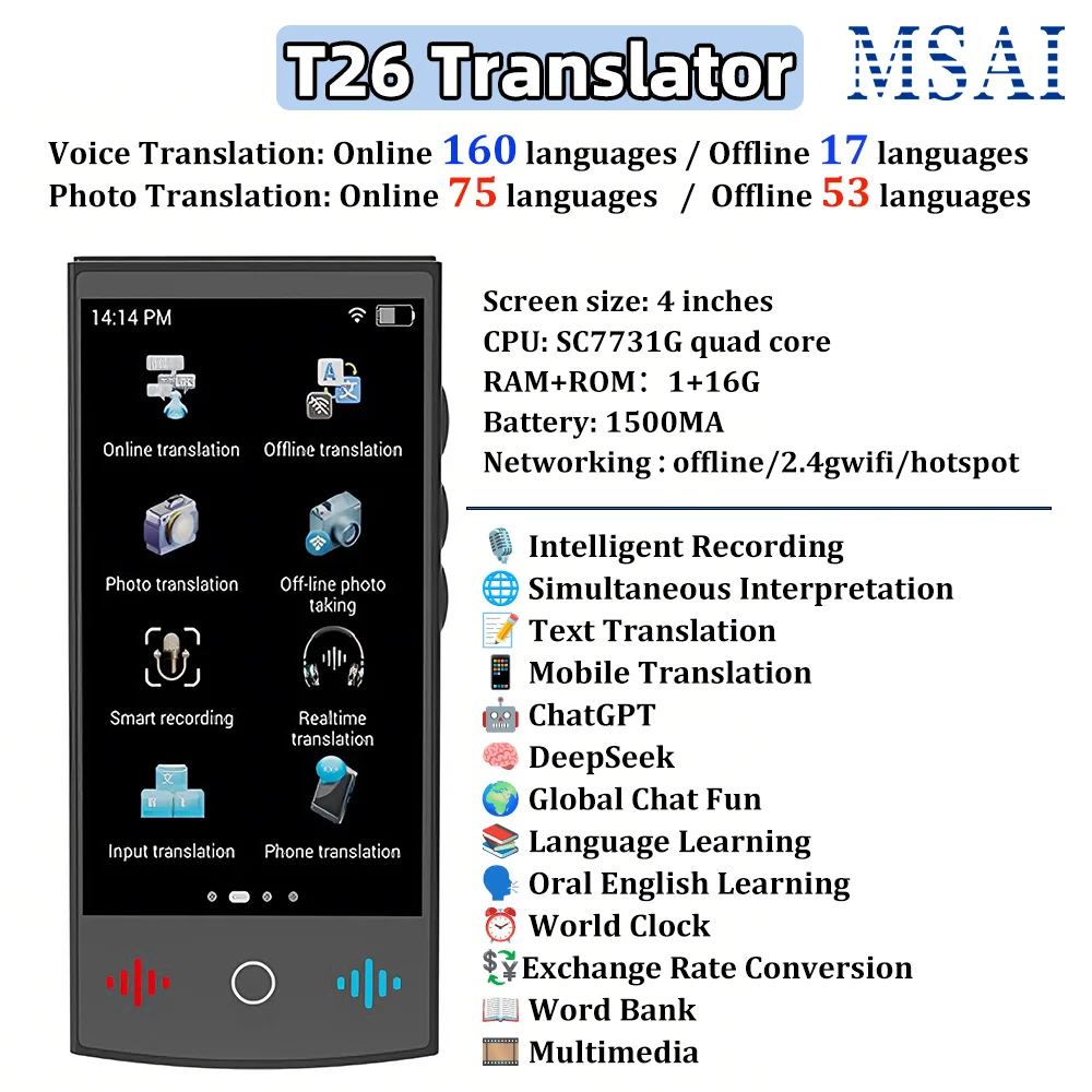 2026 New AI Travel Translator T26 ChatGPT 160 Languages Professional Business Voice Translation Real-time for Corporate Trip thumbnail 2