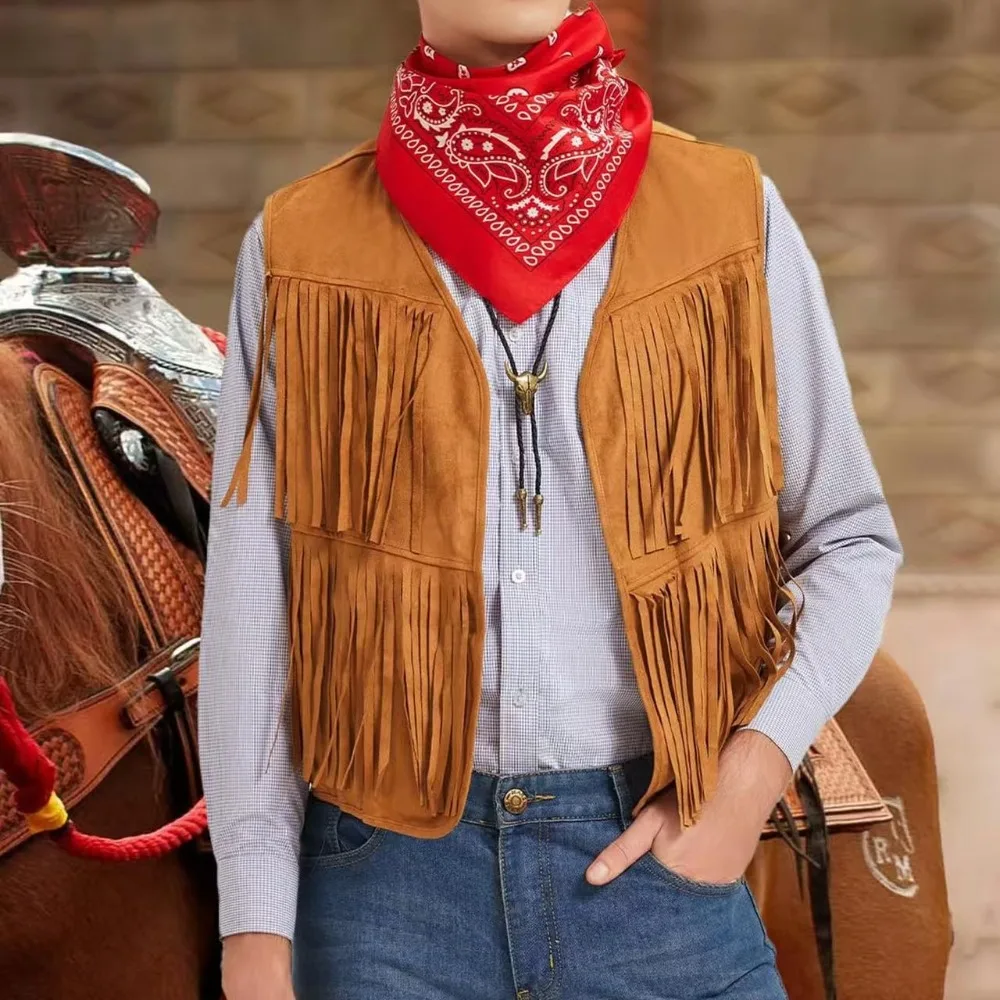 Tassel Vest Men's Fashion Sleeveless Vest Western Denim Cothing Cardigan Top