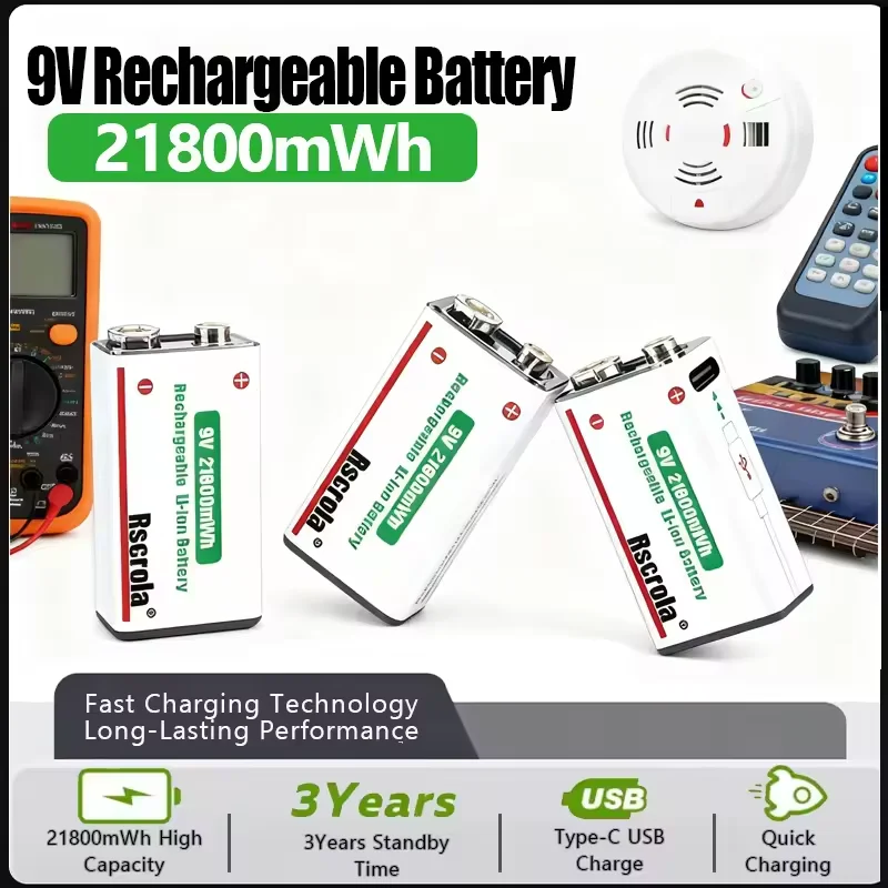 9V 21800mWh Rechargeable Lithium Battery Long Lasting with Cable for Guitar Pedal Microphone Smoke Detector thumbnail 5