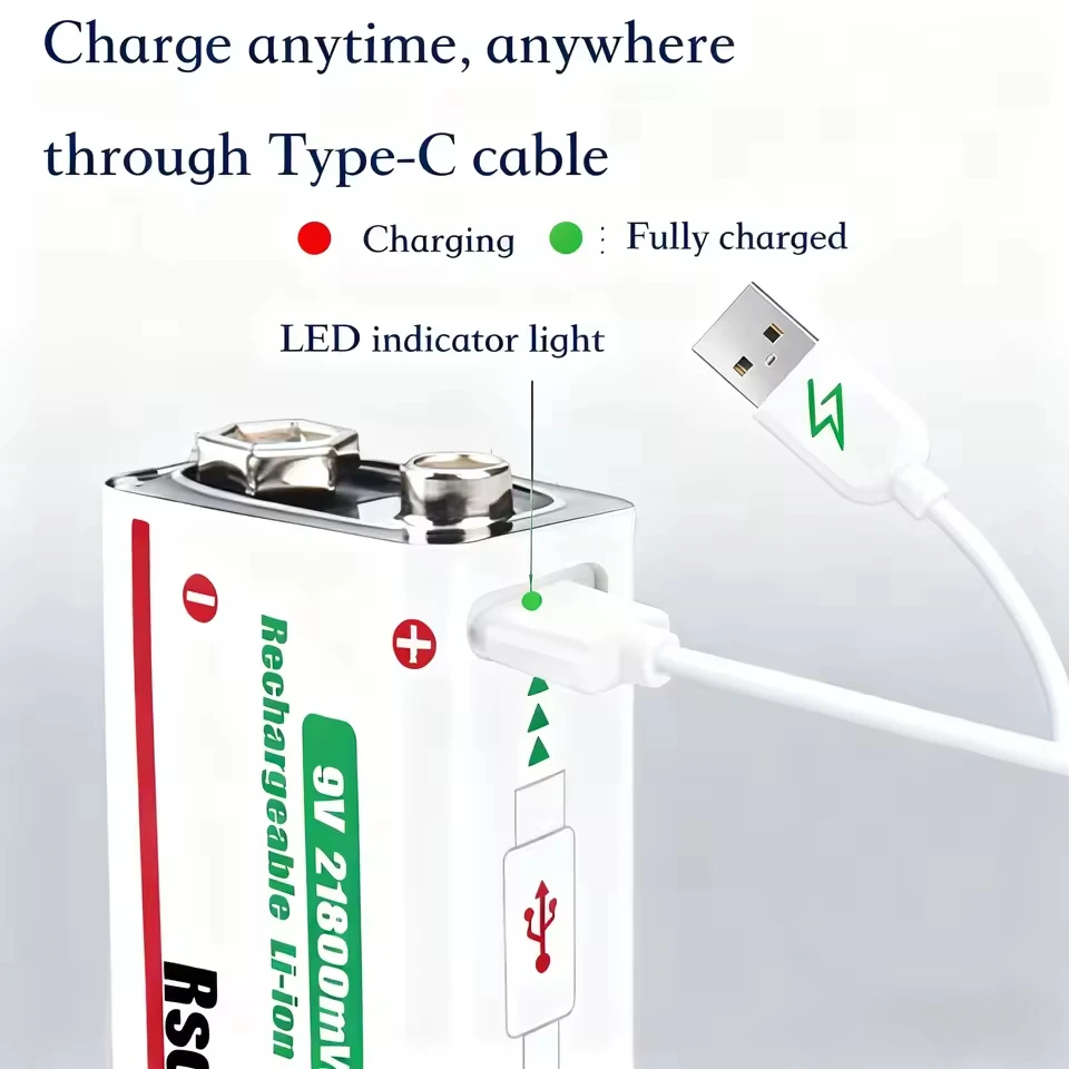 9V 21800mWh Rechargeable Lithium Battery Long Lasting with Cable for Guitar Pedal Microphone Smoke Detector thumbnail 2
