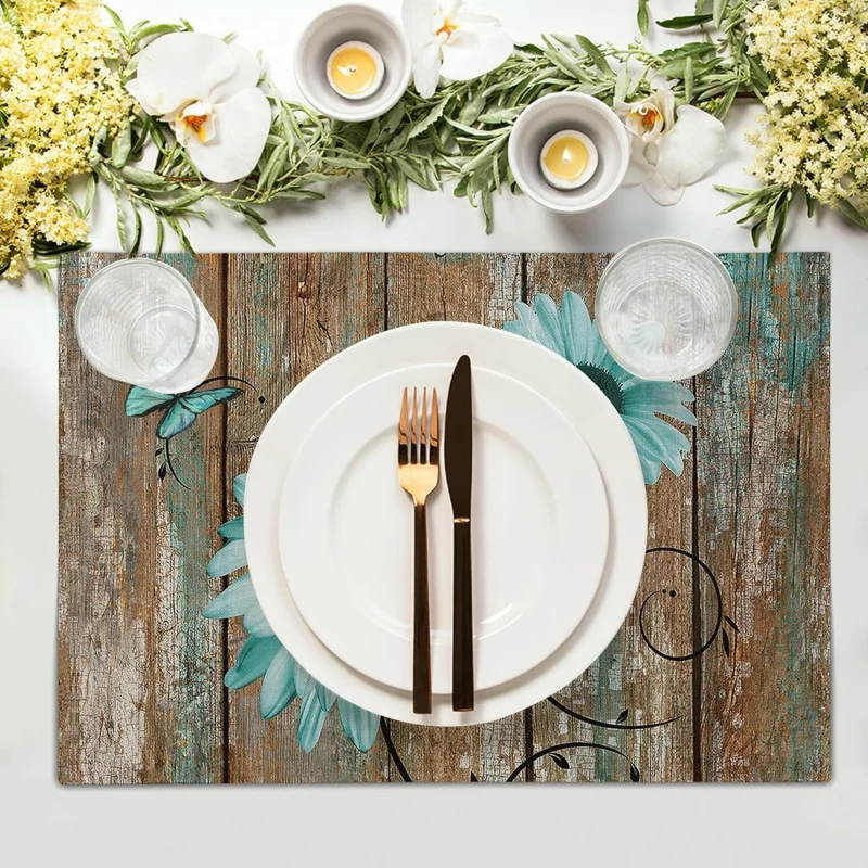 VIKAMA 4PCS Linen Placemat Set Plant Flower Print Heat Insulated Table Mats Nordic Dining Table Kitchen Restaurant Decoration thumbnail 4