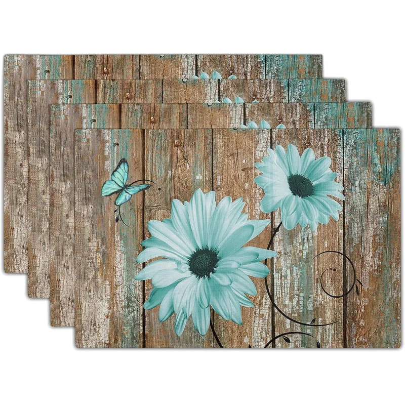 VIKAMA 4PCS Linen Placemat Set Plant Flower Print Heat Insulated Table Mats Nordic Dining Table Kitchen Restaurant Decoration thumbnail 2