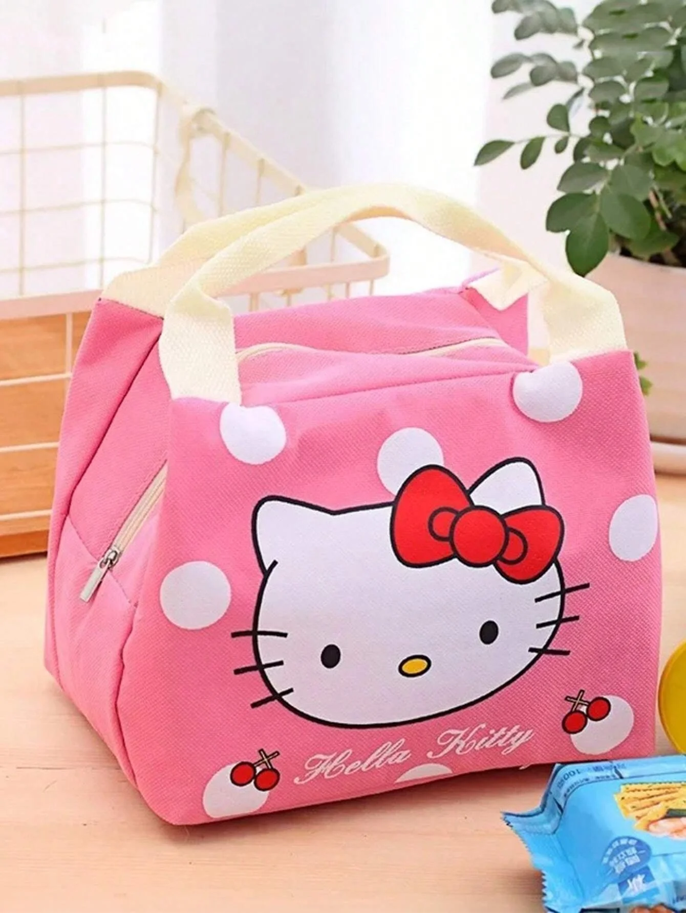 1pc HelloKittyes Insulated Lunch Bag Canvas Zip Closure Polyester Lined Fashionable Plaid Design for Women