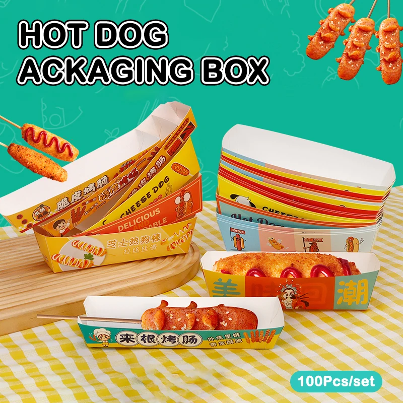 100Pieces No-Fold Hot Dog Packaging Box Paper Disposable Party Tableware Food Serving Tray Outdoor Tableware