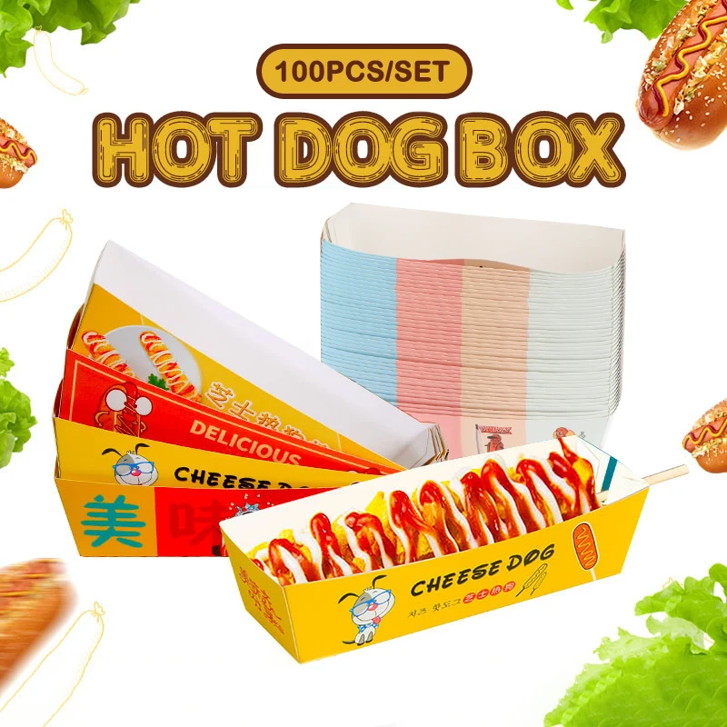 100Pieces No-Fold Hot Dog Packaging Box Paper Disposable Party Tableware Food Serving Tray Outdoor Tableware thumbnail 2