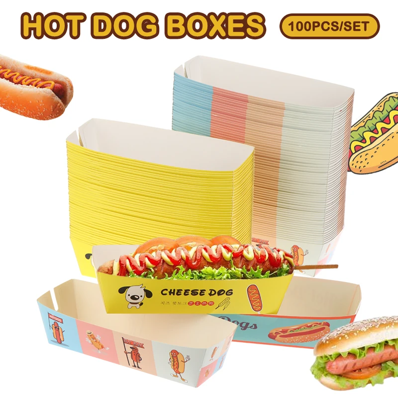 100Pieces No-Fold Hot Dog Packaging Box Paper Disposable Party Tableware Food Serving Tray Outdoor Tableware thumbnail 3