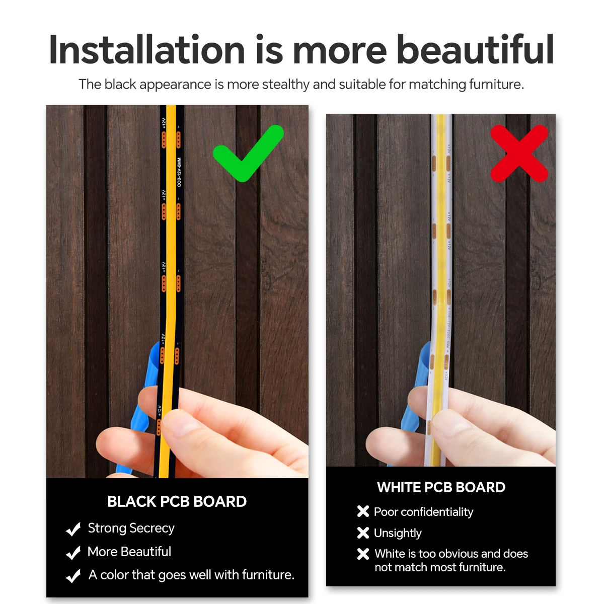 Wood Dimmable Touch Sensor Under Cabinet Collection Display COB LED Strip Light Black PCB TV Backlight Grille Wall Panel Decor thumbnail 4