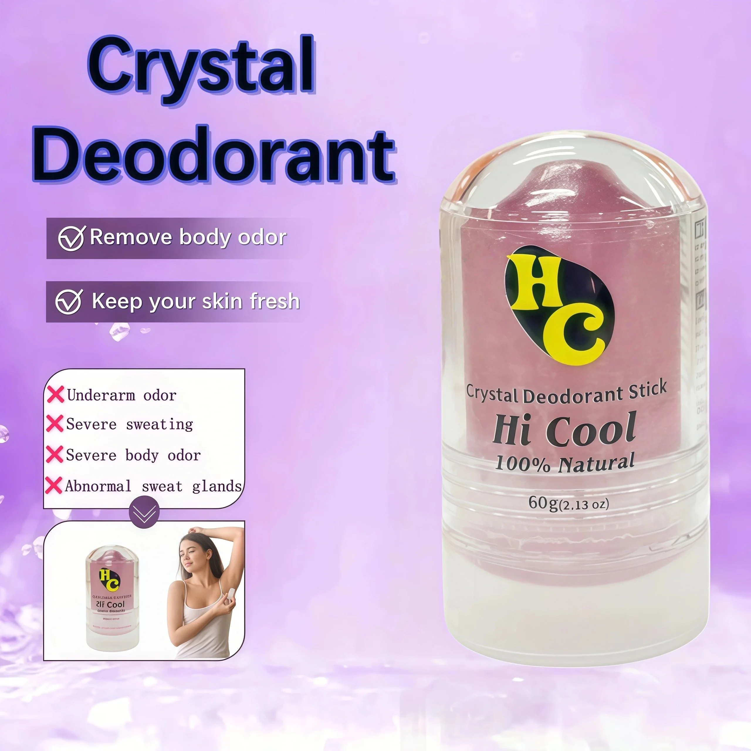 60g Natural Alum Crystal Deodorant Stick for Women & Men – Potassium Alum Stone for Odor Control,Non-Sticky Mineral Rock Design