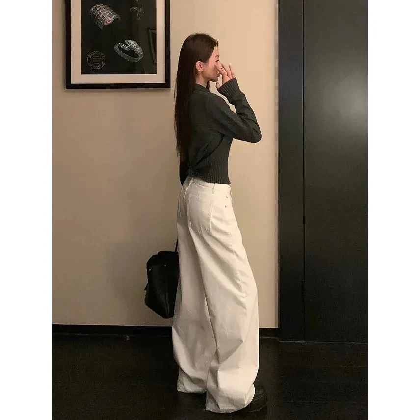 Summer Women's White High Waisted Wide Leg Jeans Premium Draped Effortless Chic Loose Straight Leg Denim Pants for Daily Office thumbnail 6