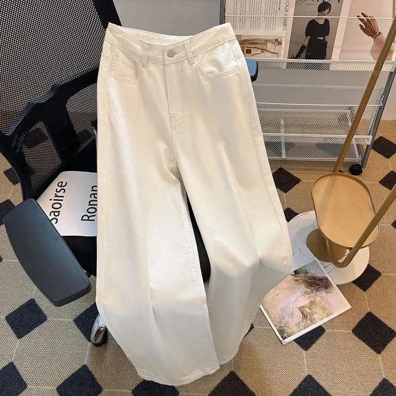Summer Women's White High Waisted Wide Leg Jeans Premium Draped Effortless Chic Loose Straight Leg Denim Pants for Daily Office thumbnail 3